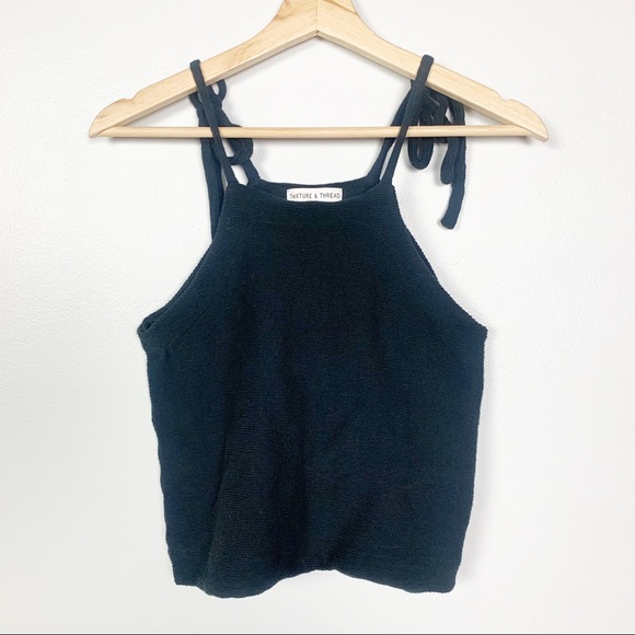 Madewell Tops - MADEWELL Black Ribbed Tie Shoulder Tank Top Small
